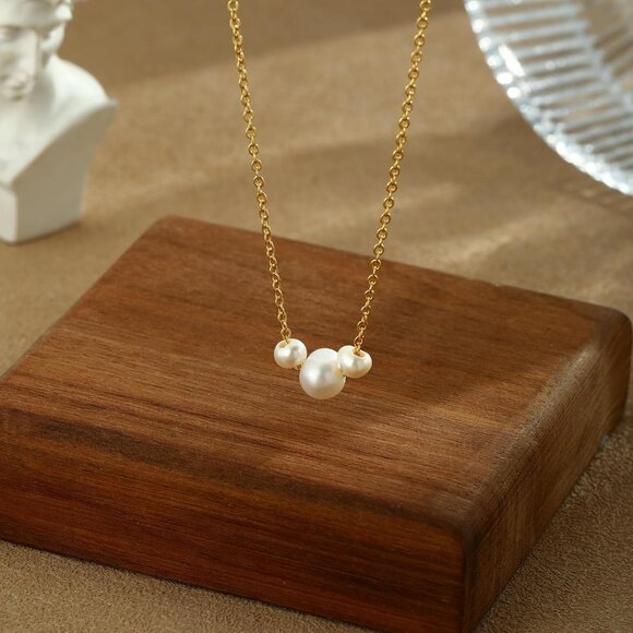 Women's 3 Gold Pearl Necklace 14k Gold Plated Dainty Pearl Necklace Choker - Picture 6 of 7